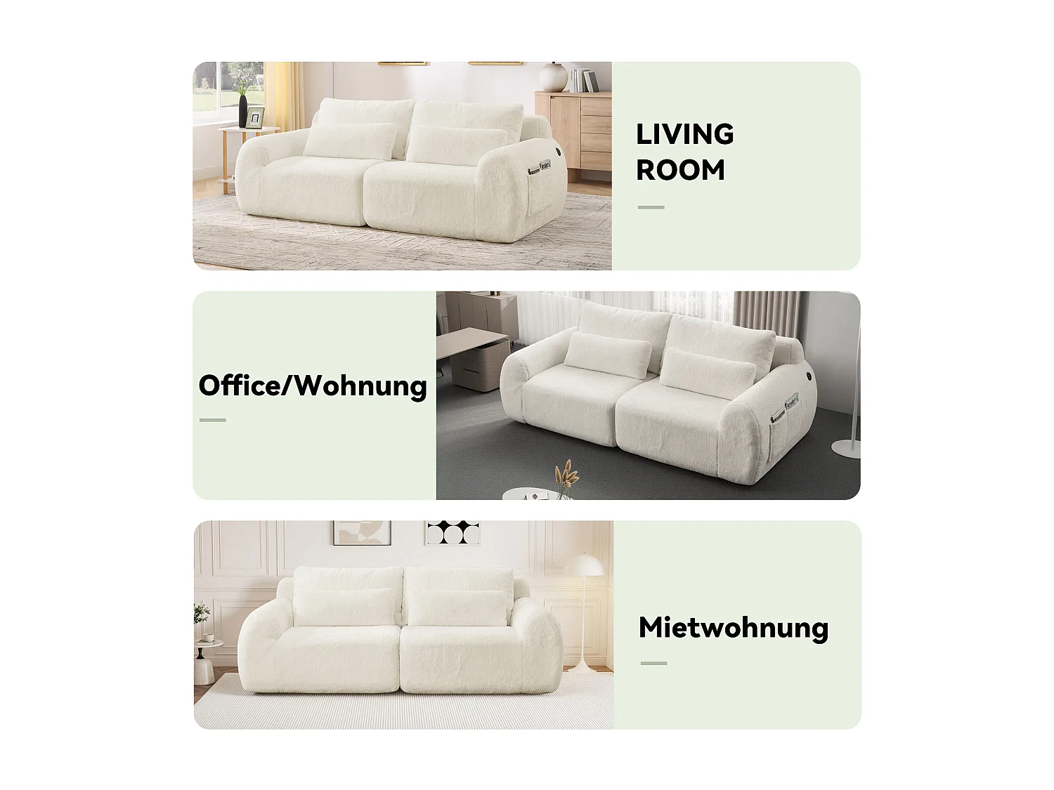 Canapé 2 places avec ports USB et poche latérale - Tissu beige, sans montage