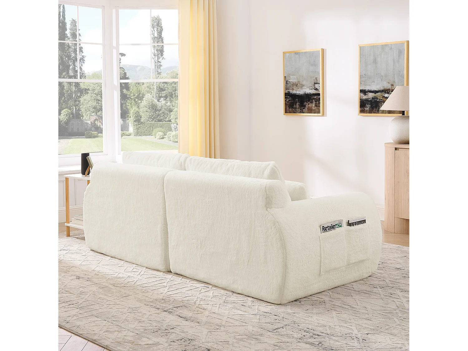 Canapé 2 places avec ports USB et poche latérale - Tissu beige, sans montage