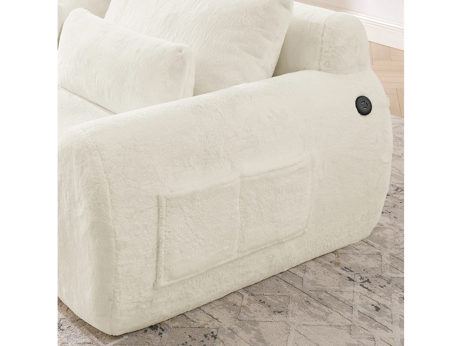 Canapé 2 places avec ports USB et poche latérale - Tissu beige, sans montage