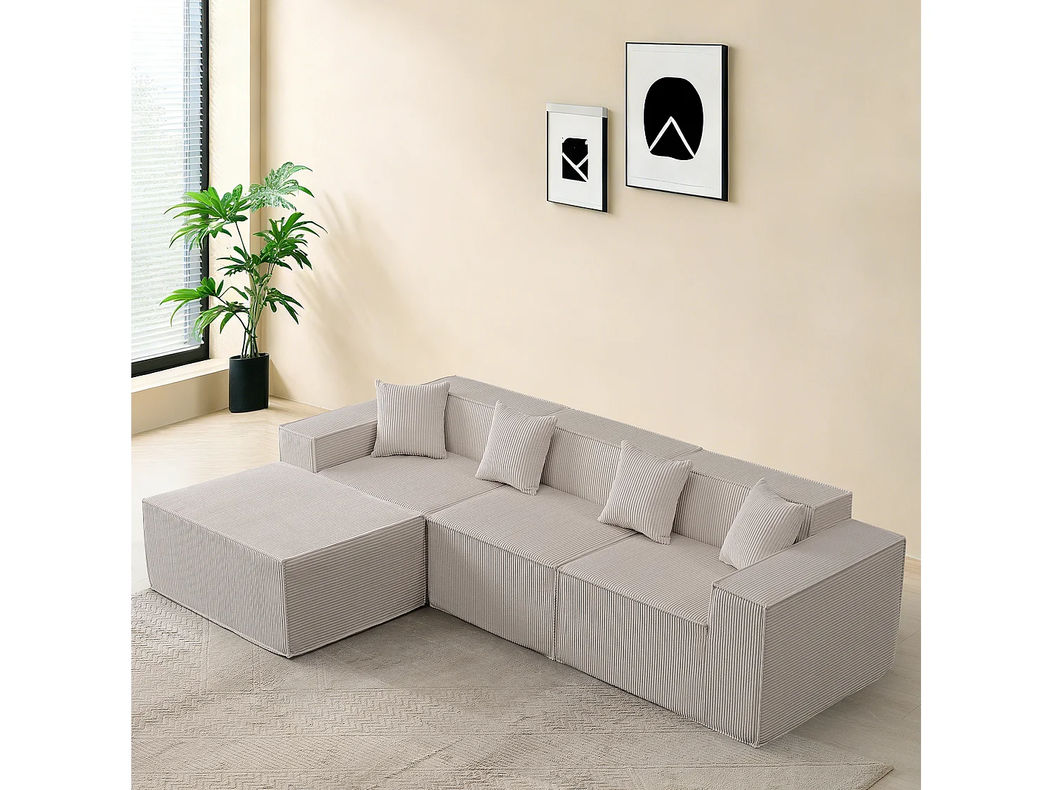 Canapé d’angle 3 places en tissu velours côtelé beige avec pouf - Sans montage