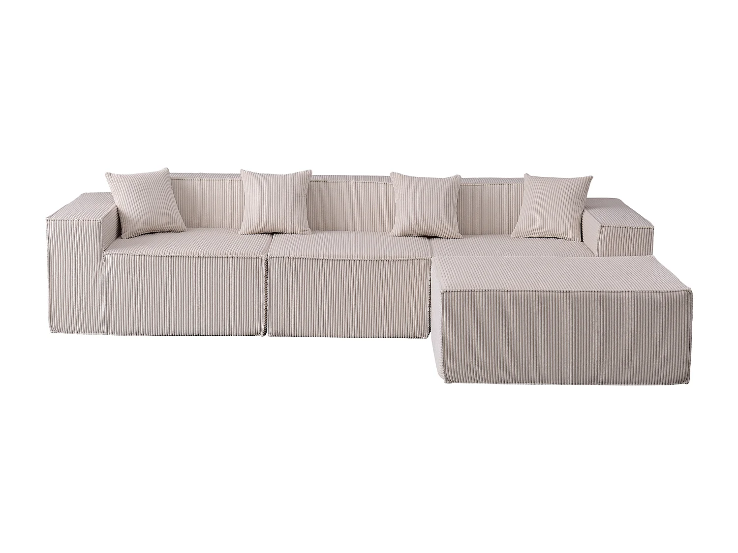 Canapé d’angle 3 places en tissu velours côtelé beige avec pouf - Sans montage