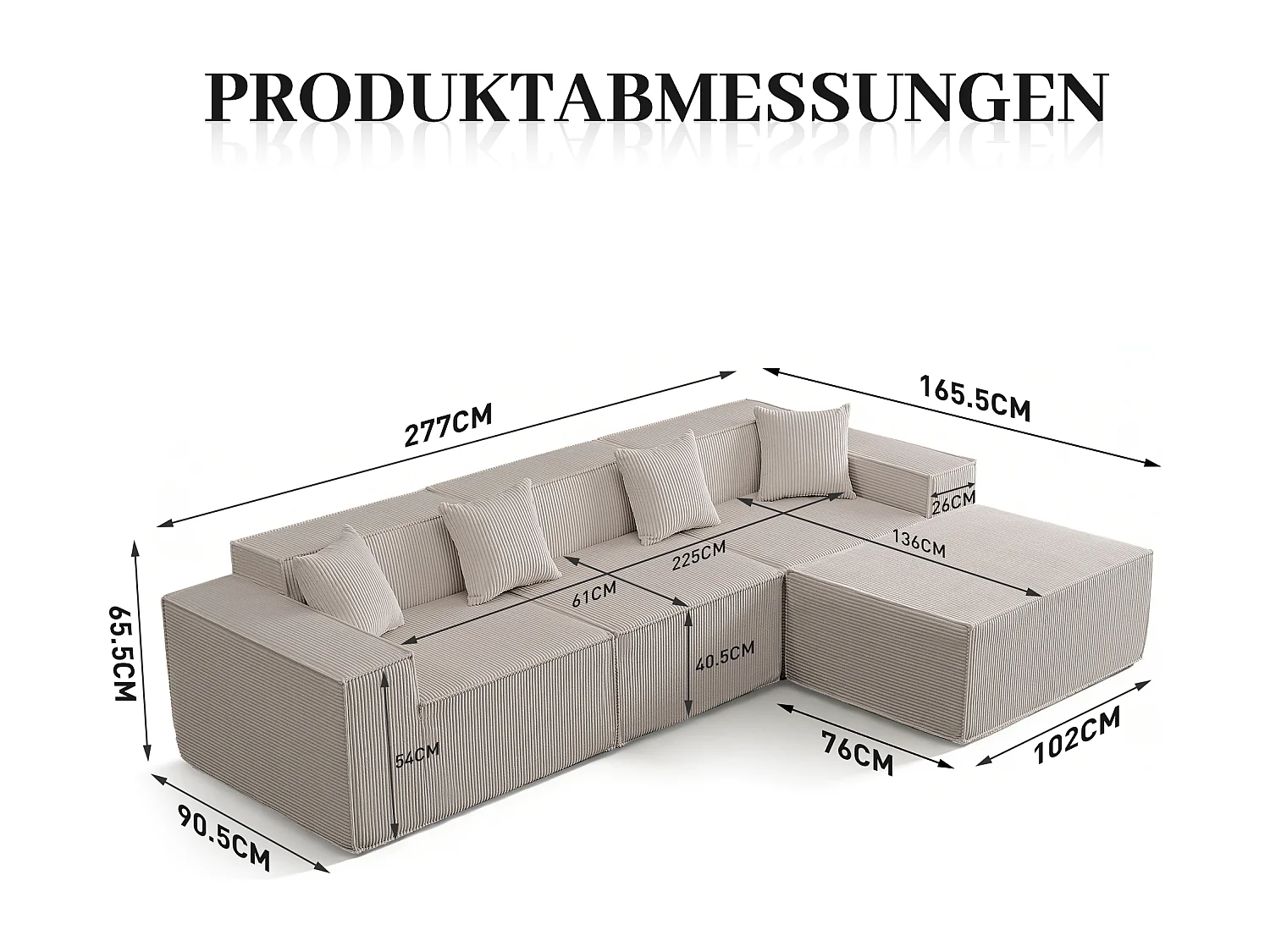 Canapé d’angle 3 places en tissu velours côtelé beige avec pouf - Sans montage