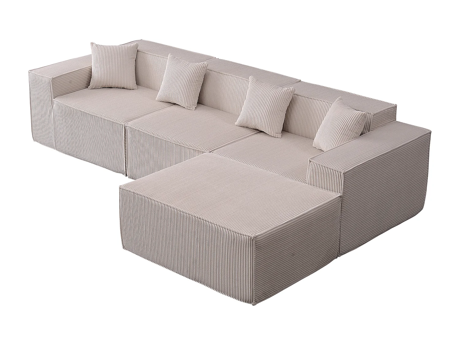 Canapé d’angle 3 places en tissu velours côtelé beige avec pouf - Sans montage