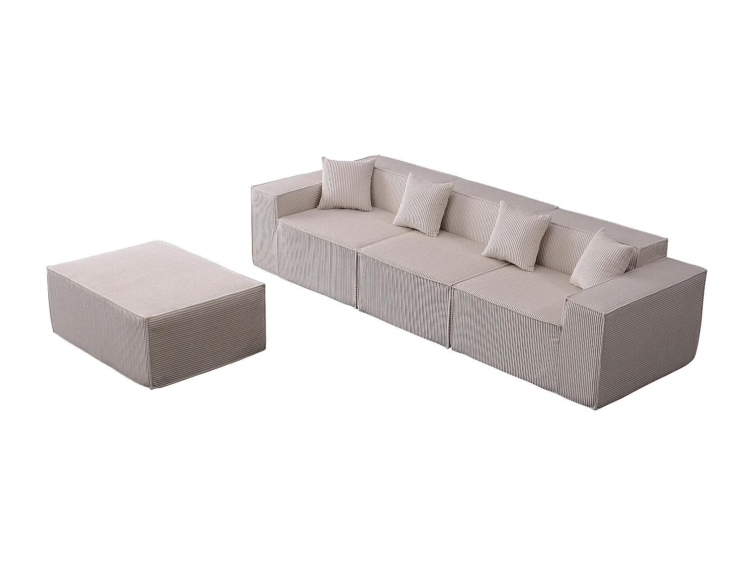 Canapé d’angle 3 places en tissu velours côtelé beige avec pouf - Sans montage