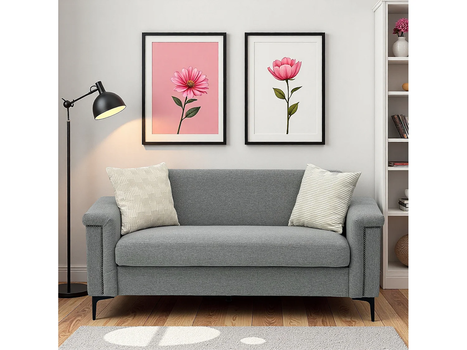 Canapé 2 places en lin gris clair - Structure en bois et pieds métal