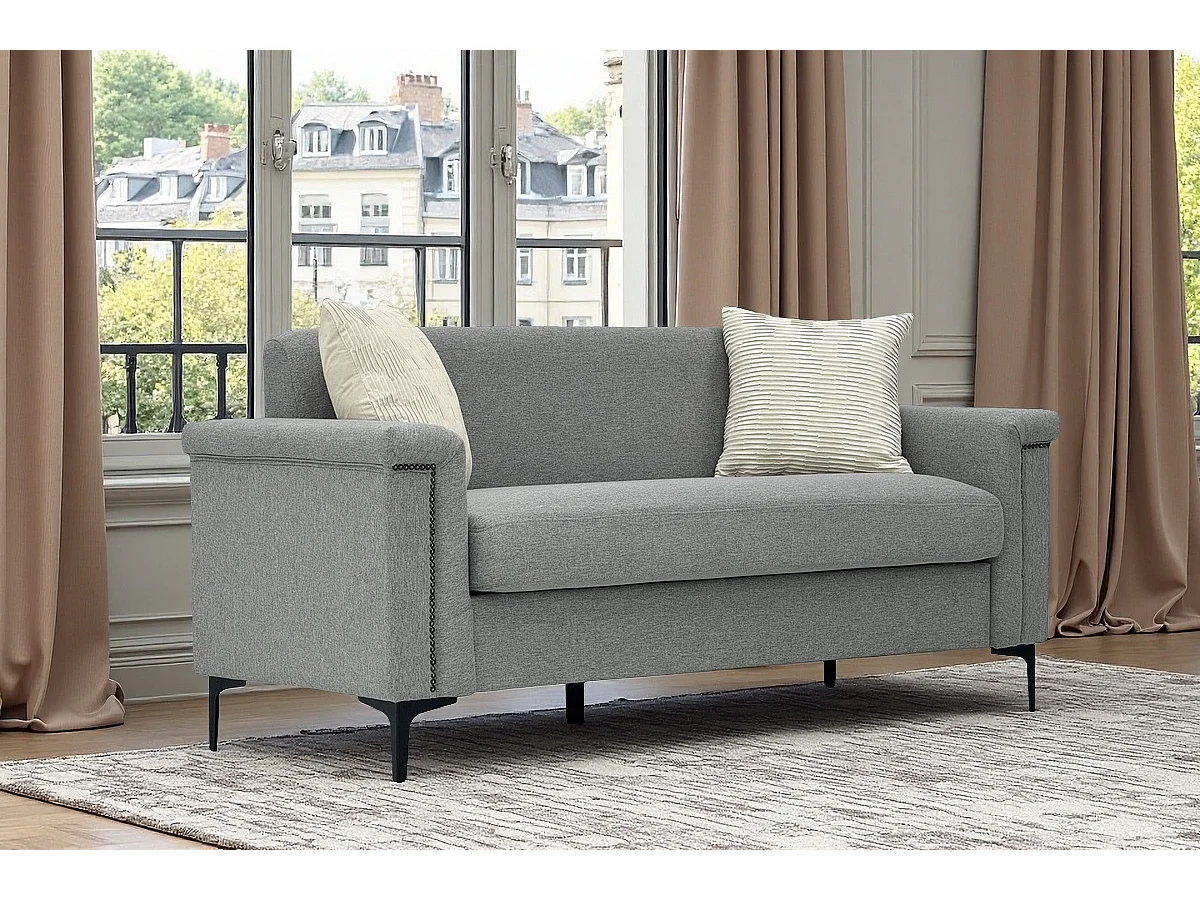 Canapé 2 places en lin gris clair - Structure en bois et pieds métal