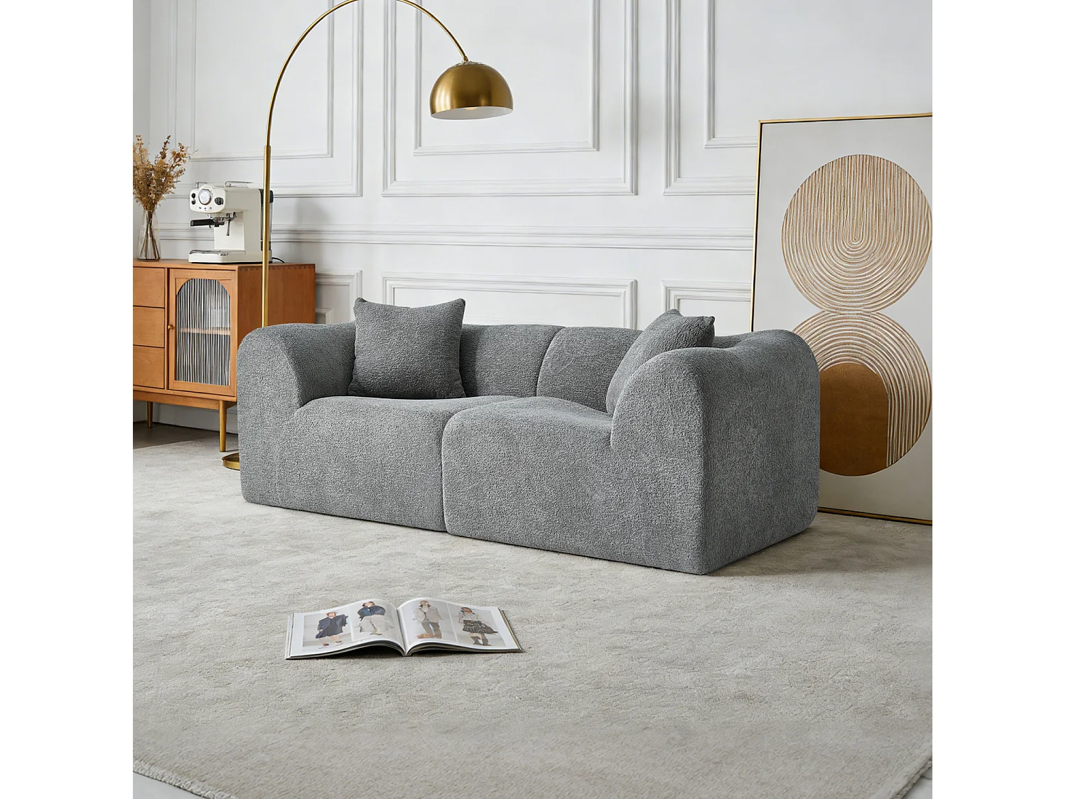 Sofá de 2 plazas de terciopelo gris con cojines - Para salón, oficina o apartamento