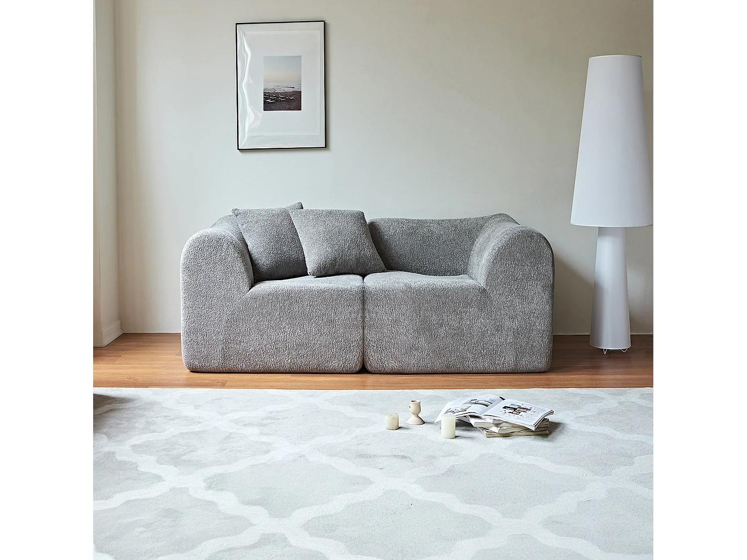 Canapé 2 places velours gris avec coussins - Pour salon, bureau ou l'appartement