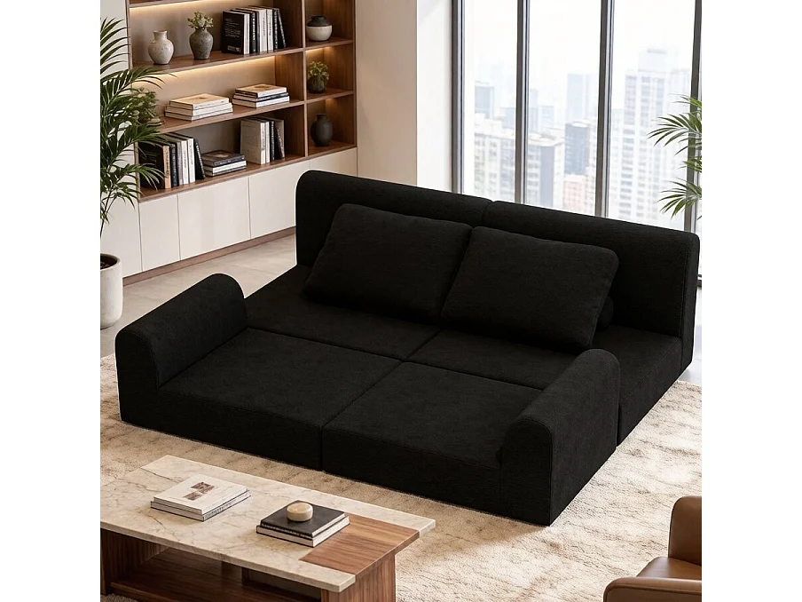 Canapé convertible 2 places 3-1 en flanelle noir - Pour salon et chambre