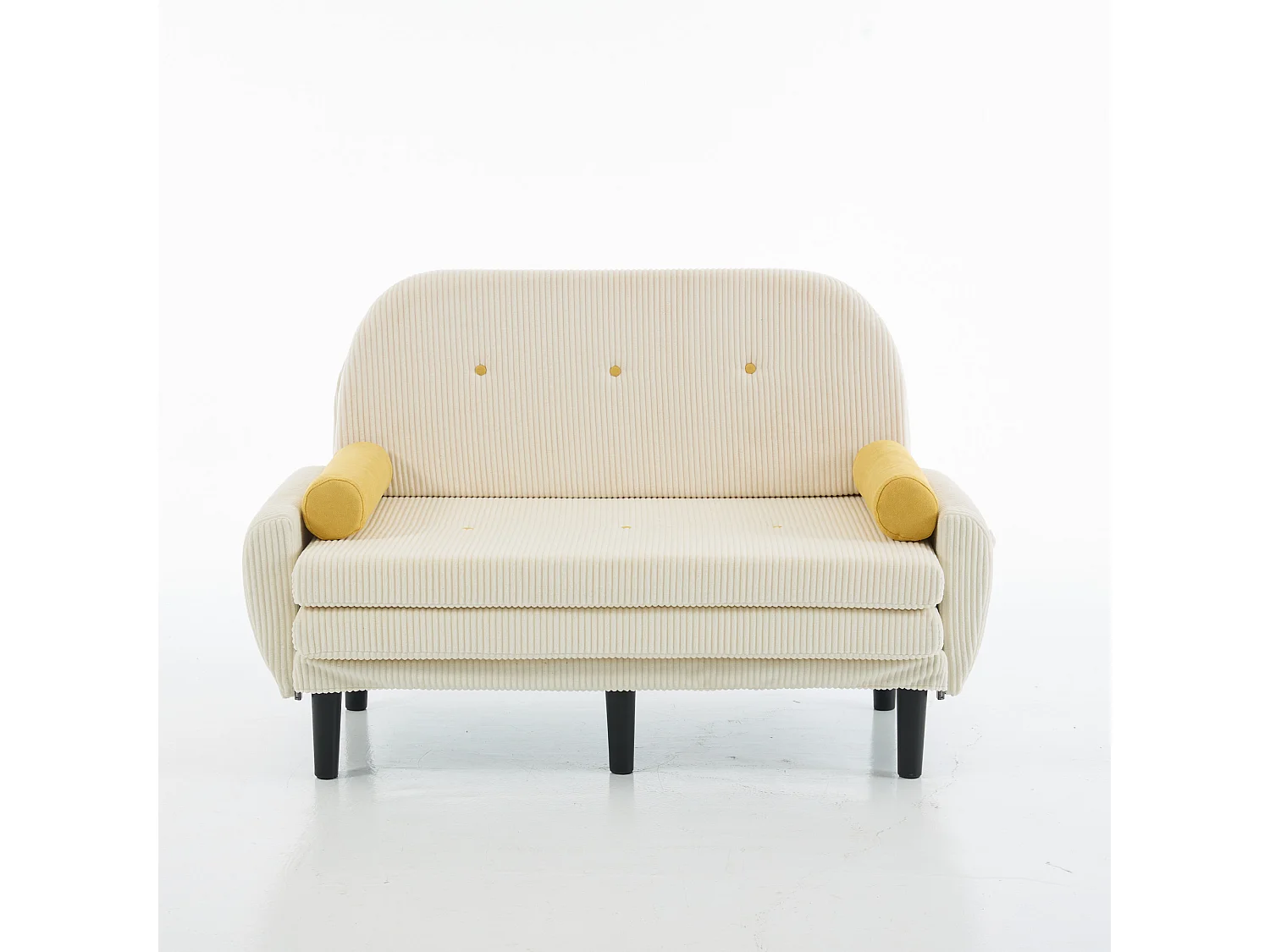 Canapé convertible 2 places en velours côtelé beige avec 2 coussins ronds