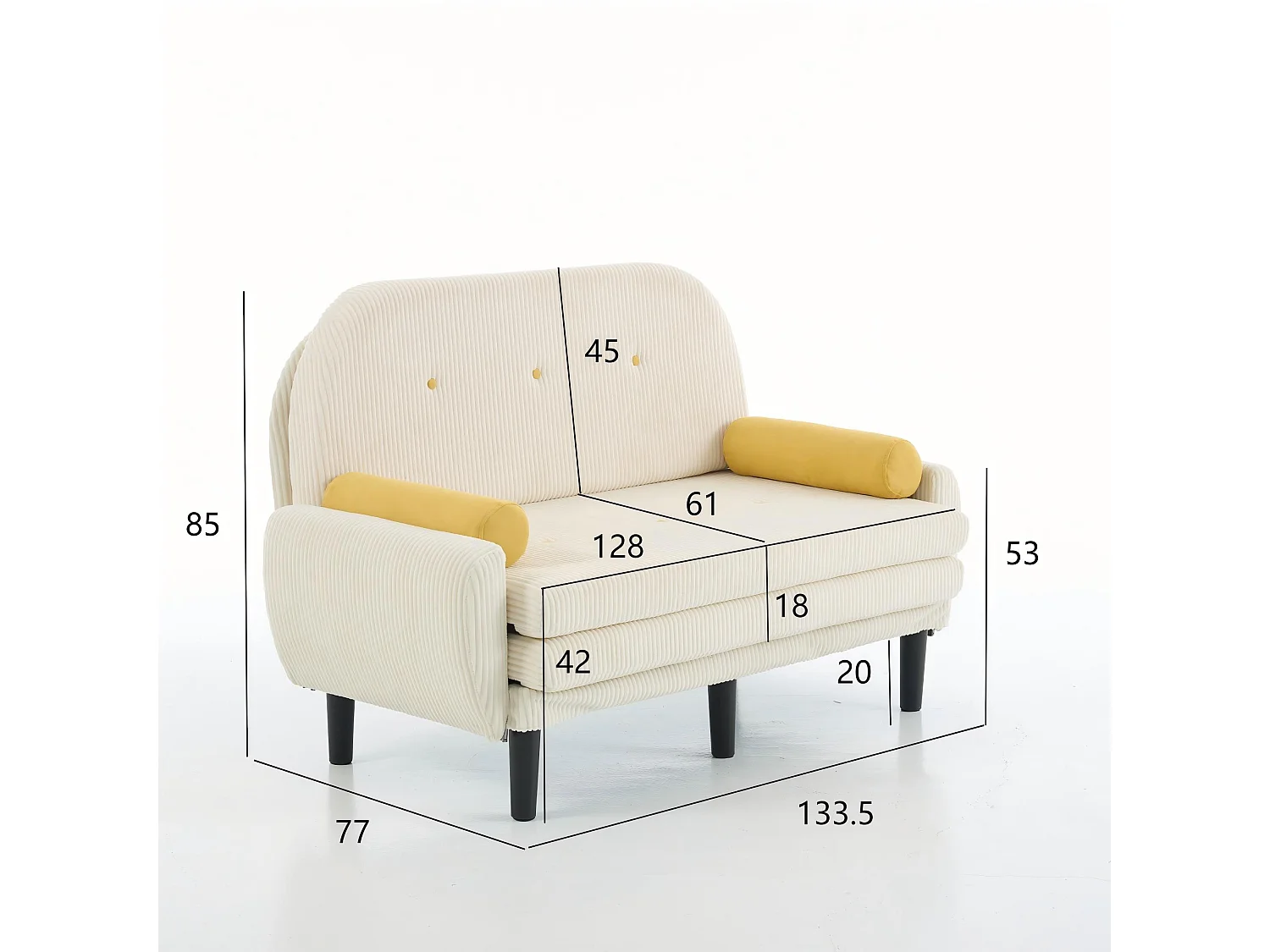 Canapé convertible 2 places en velours côtelé beige avec 2 coussins ronds