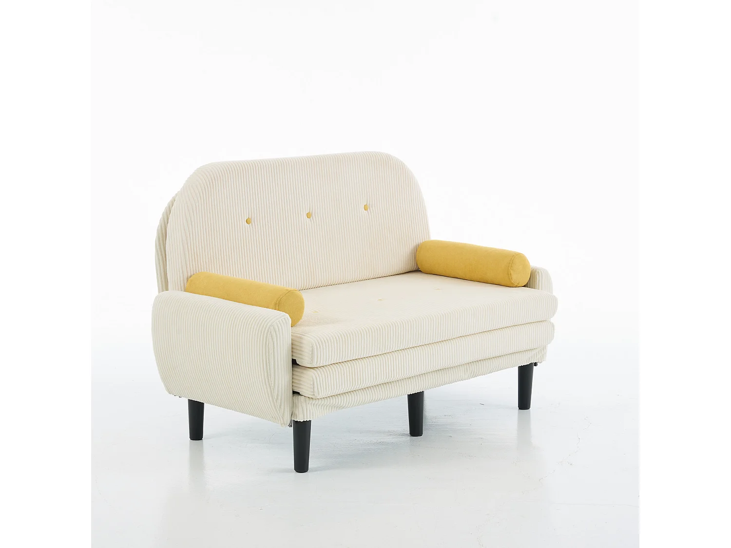 Canapé convertible 2 places en velours côtelé beige avec 2 coussins ronds