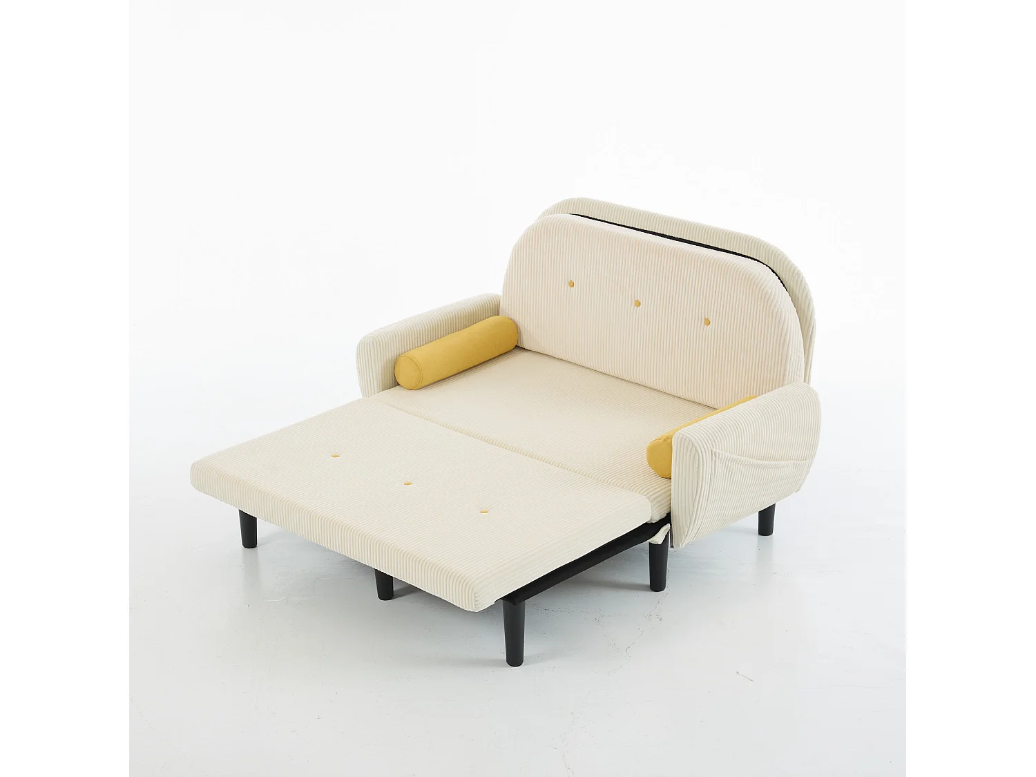 Canapé convertible 2 places en velours côtelé beige avec 2 coussins ronds