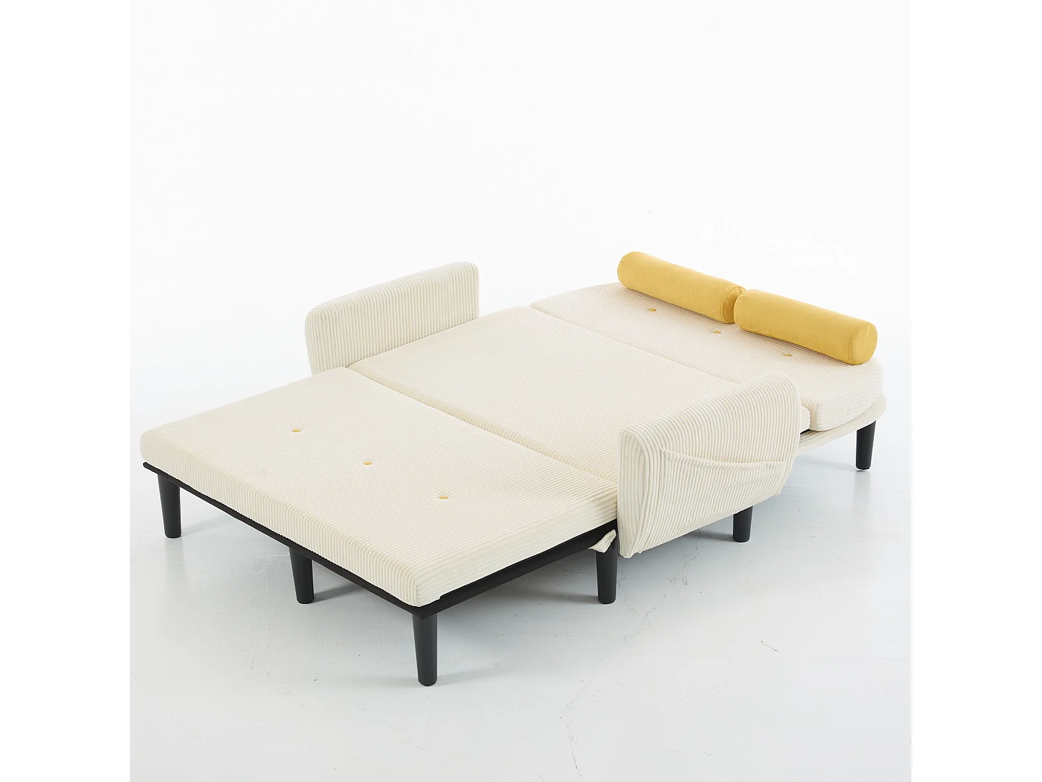 Canapé convertible 2 places en velours côtelé beige avec 2 coussins ronds