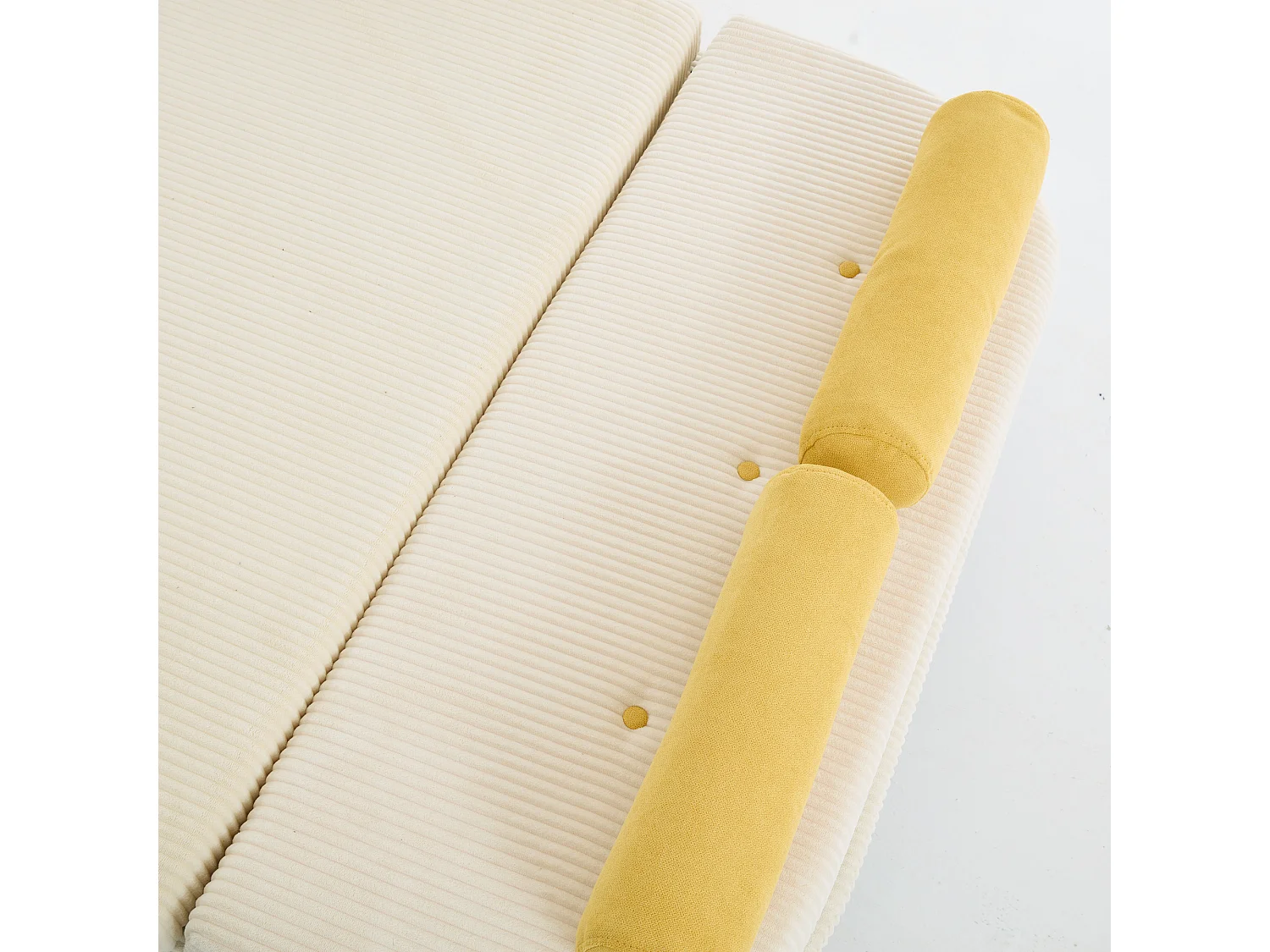 Canapé convertible 2 places en velours côtelé beige avec 2 coussins ronds