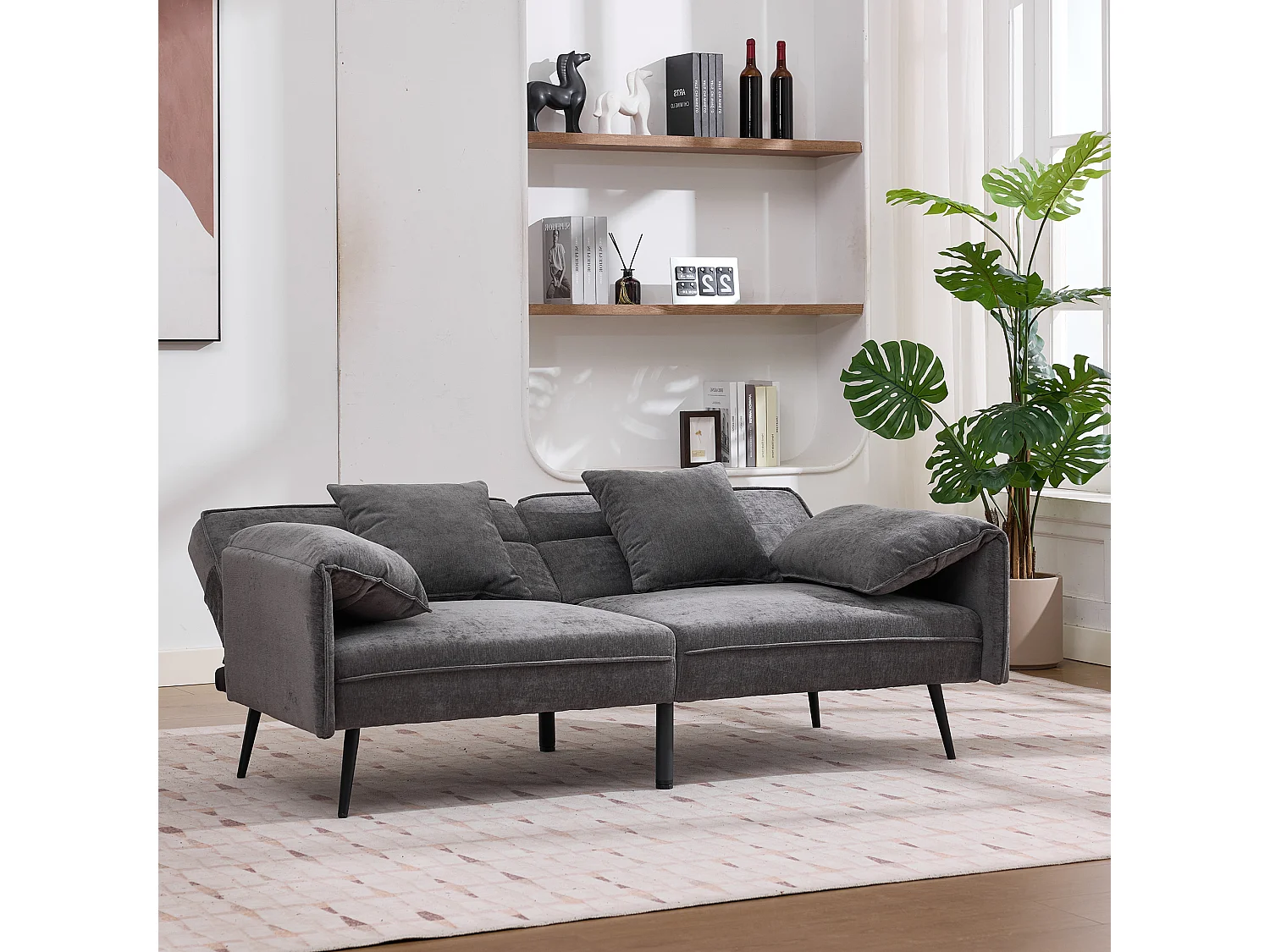 Canapé convertible 2 places en tissu gris, dossier inclinable 3 positions