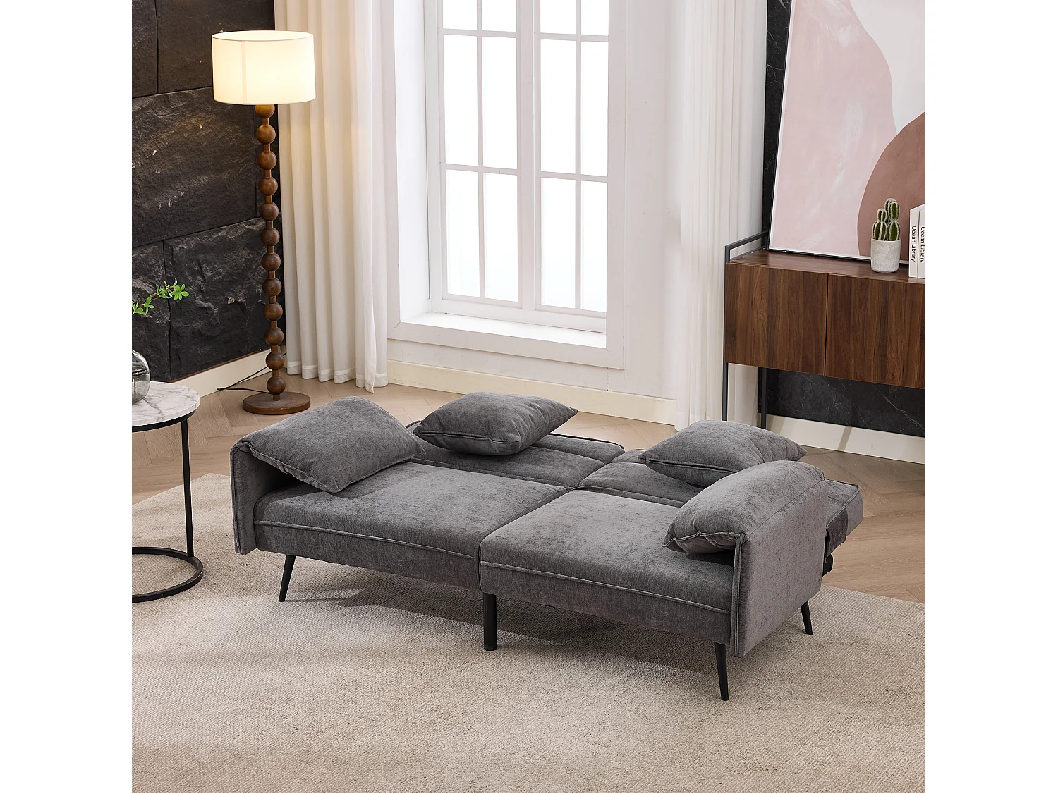 Canapé convertible 2 places en tissu gris, dossier inclinable 3 positions