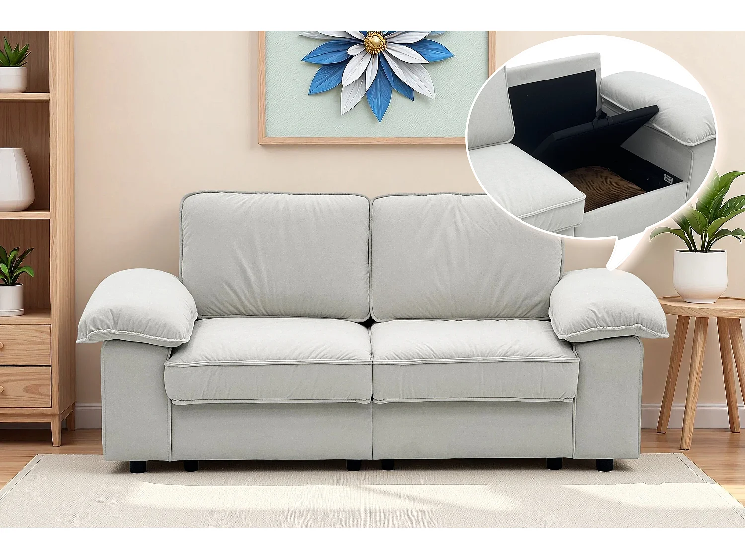 Tweezitsbank in crèmekleurige stof met opbergvak - Houten frame