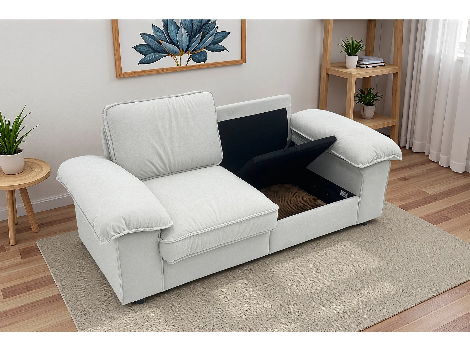 Tweezitsbank in crèmekleurige stof met opbergvak - Houten frame