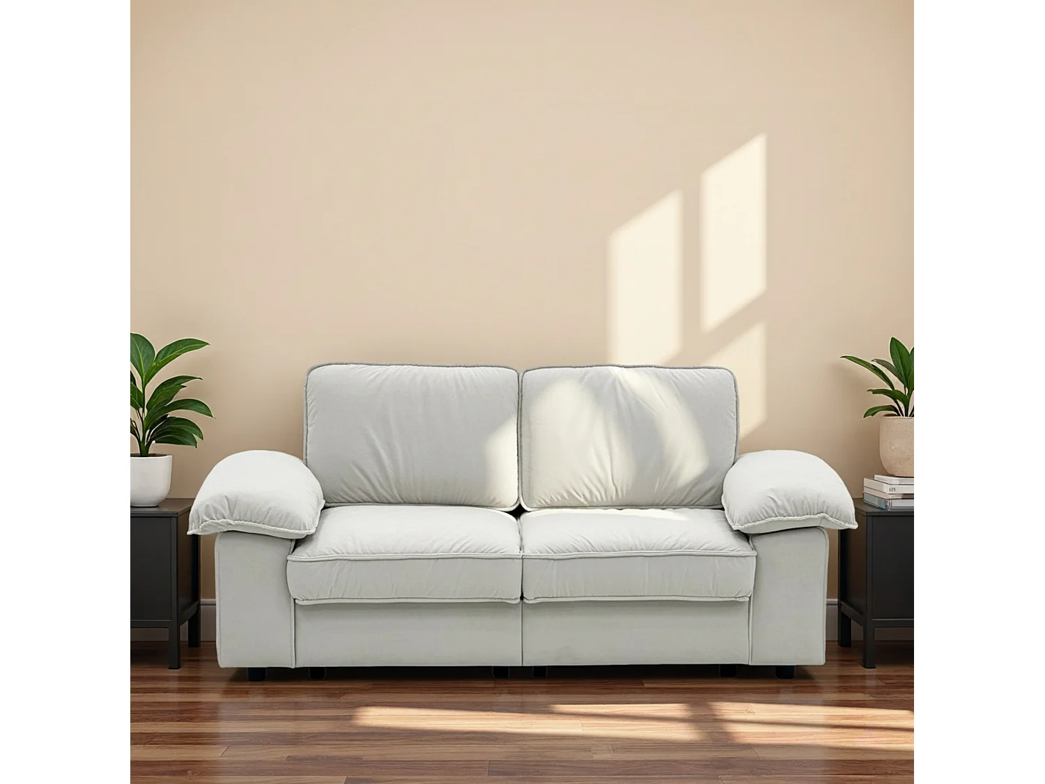 Tweezitsbank in crèmekleurige stof met opbergvak - Houten frame