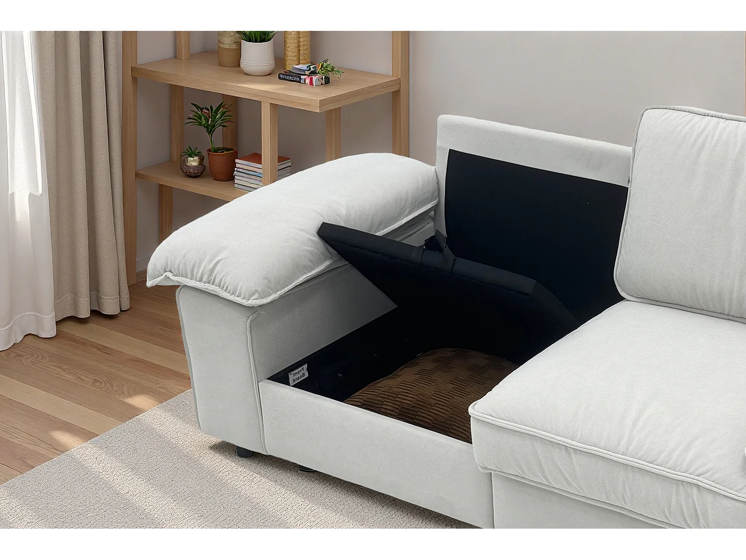 Tweezitsbank in crèmekleurige stof met opbergvak - Houten frame