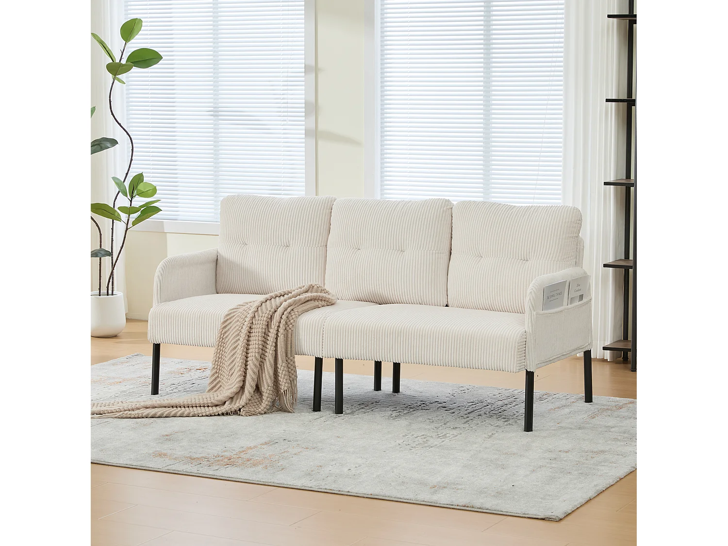 Canapé 3 places en velours côtelé beige - Pieds en métal