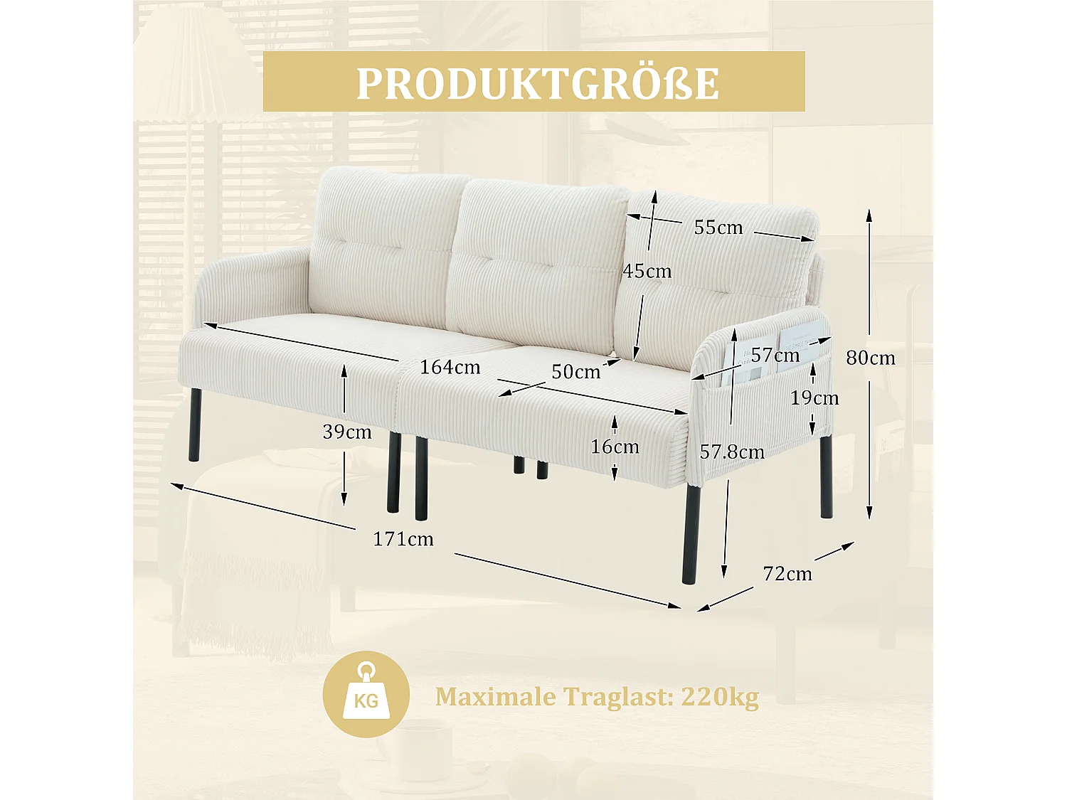 Canapé 3 places en velours côtelé beige - Pieds en métal