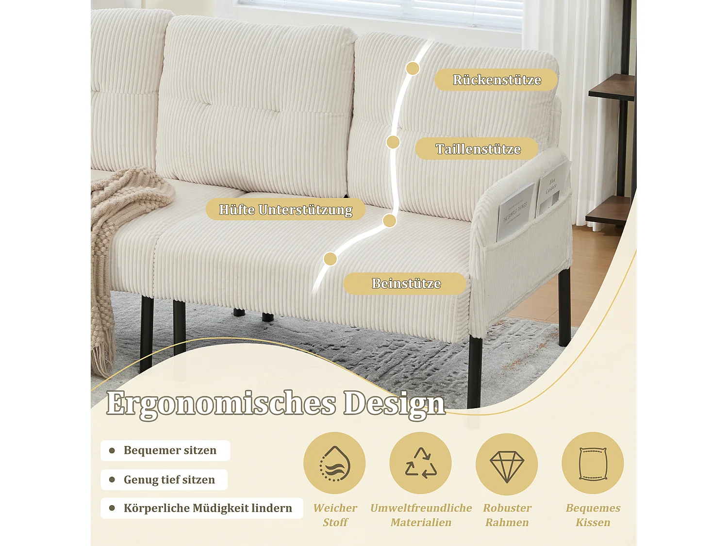 Canapé 3 places en velours côtelé beige - Pieds en métal