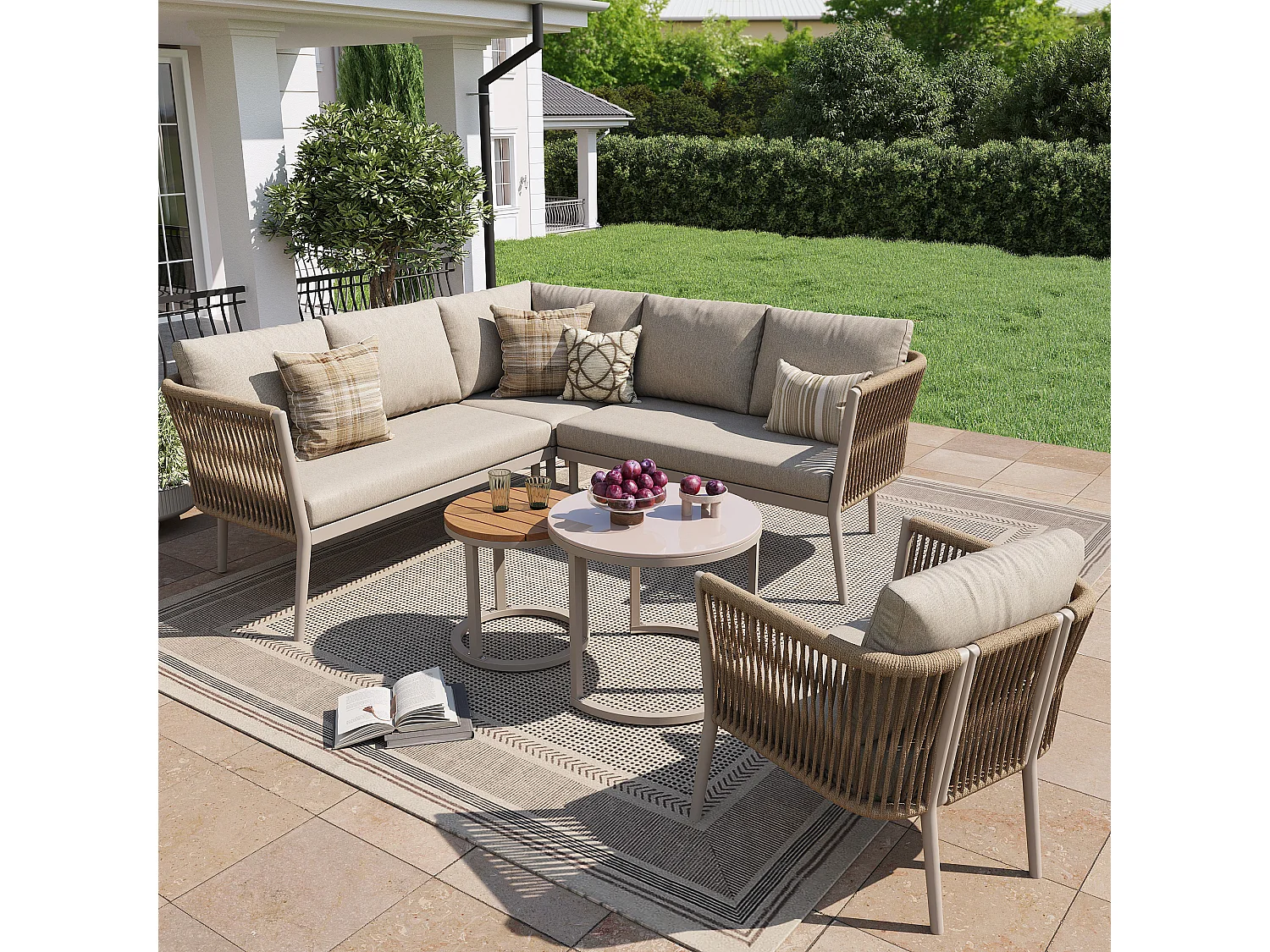 Set di mobili da giardino modulare a 6 posti con divano, poltrona, tavolini impilabili e cuscini - Beige
