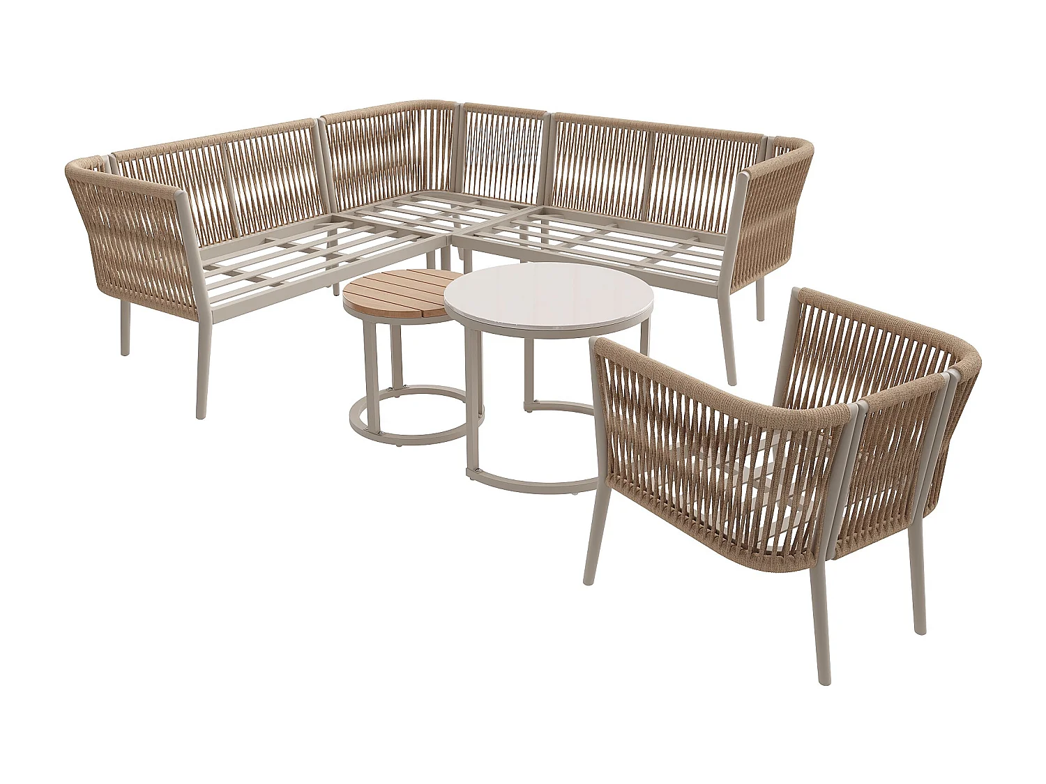 Set di mobili da giardino modulare a 6 posti con divano, poltrona, tavolini impilabili e cuscini - Beige