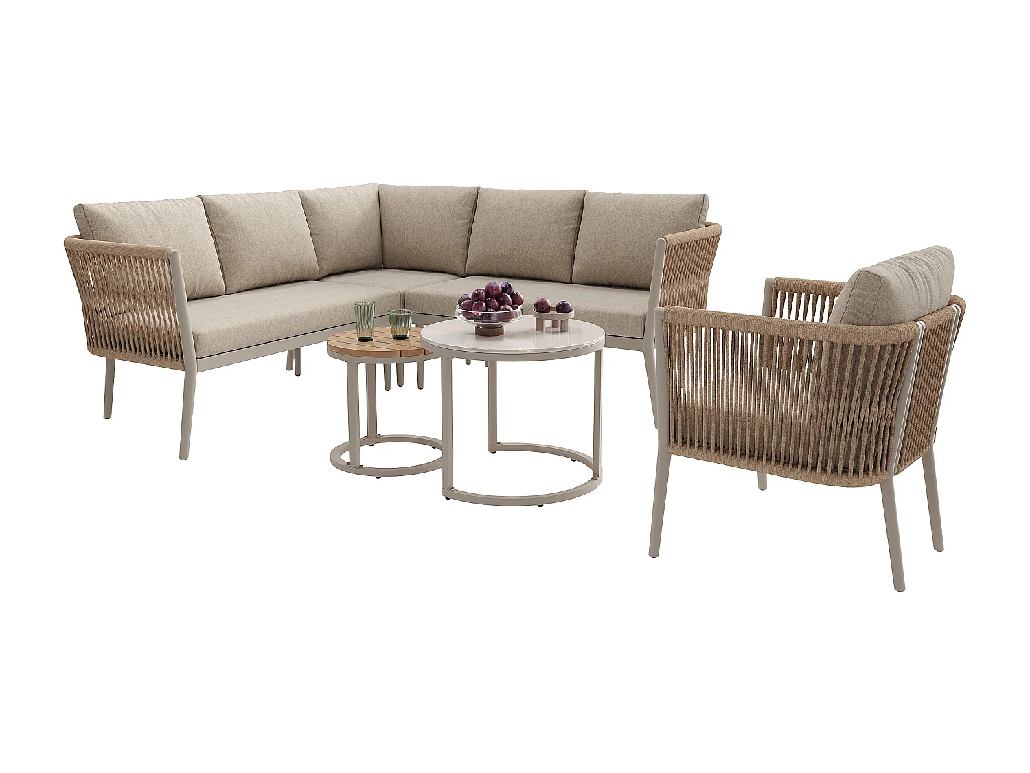 Set di mobili da giardino modulare a 6 posti con divano, poltrona, tavolini impilabili e cuscini - Beige