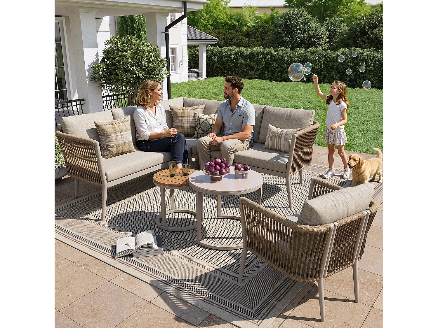 Set di mobili da giardino modulare a 6 posti con divano, poltrona, tavolini impilabili e cuscini - Beige