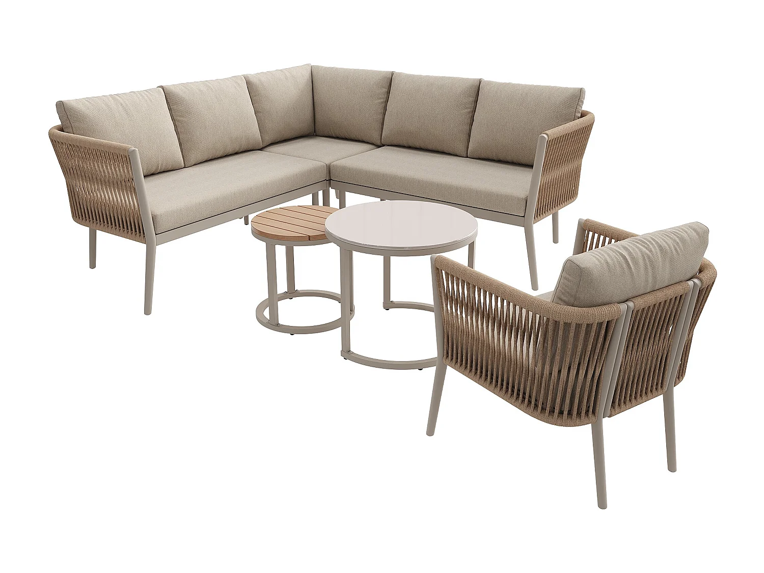 Set di mobili da giardino modulare a 6 posti con divano, poltrona, tavolini impilabili e cuscini - Beige