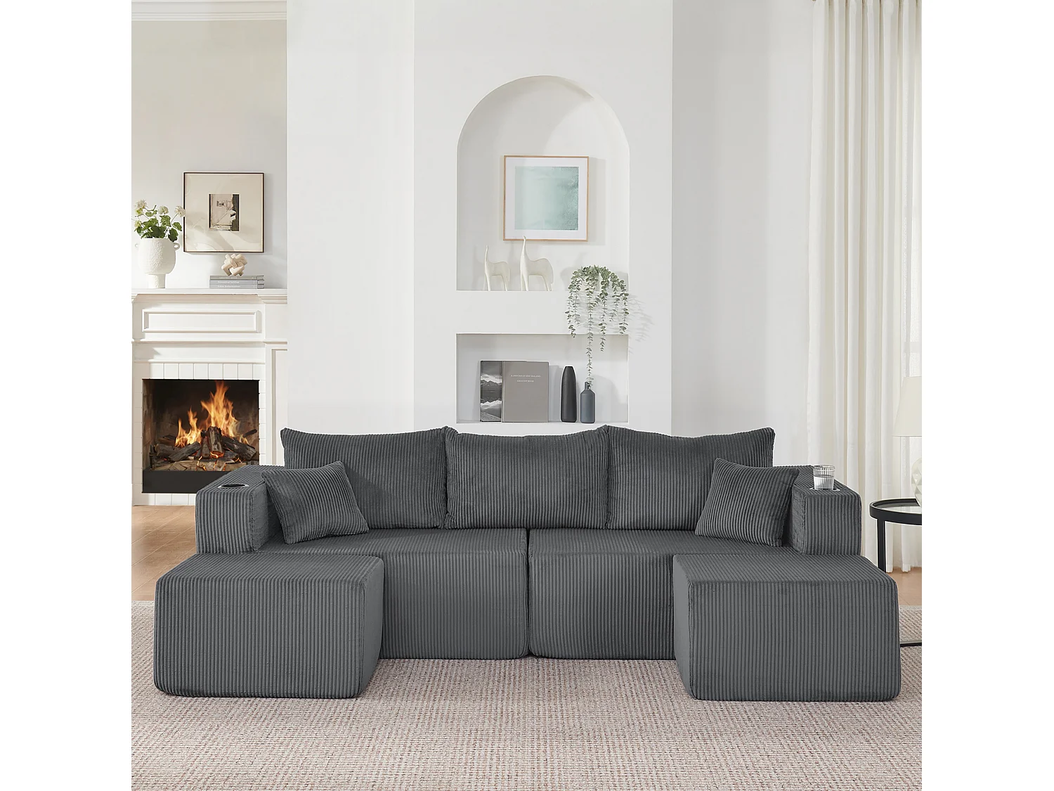 Sofá esquinero modular de 3 plazas con 2 otomanas y portavasos - Pana gris