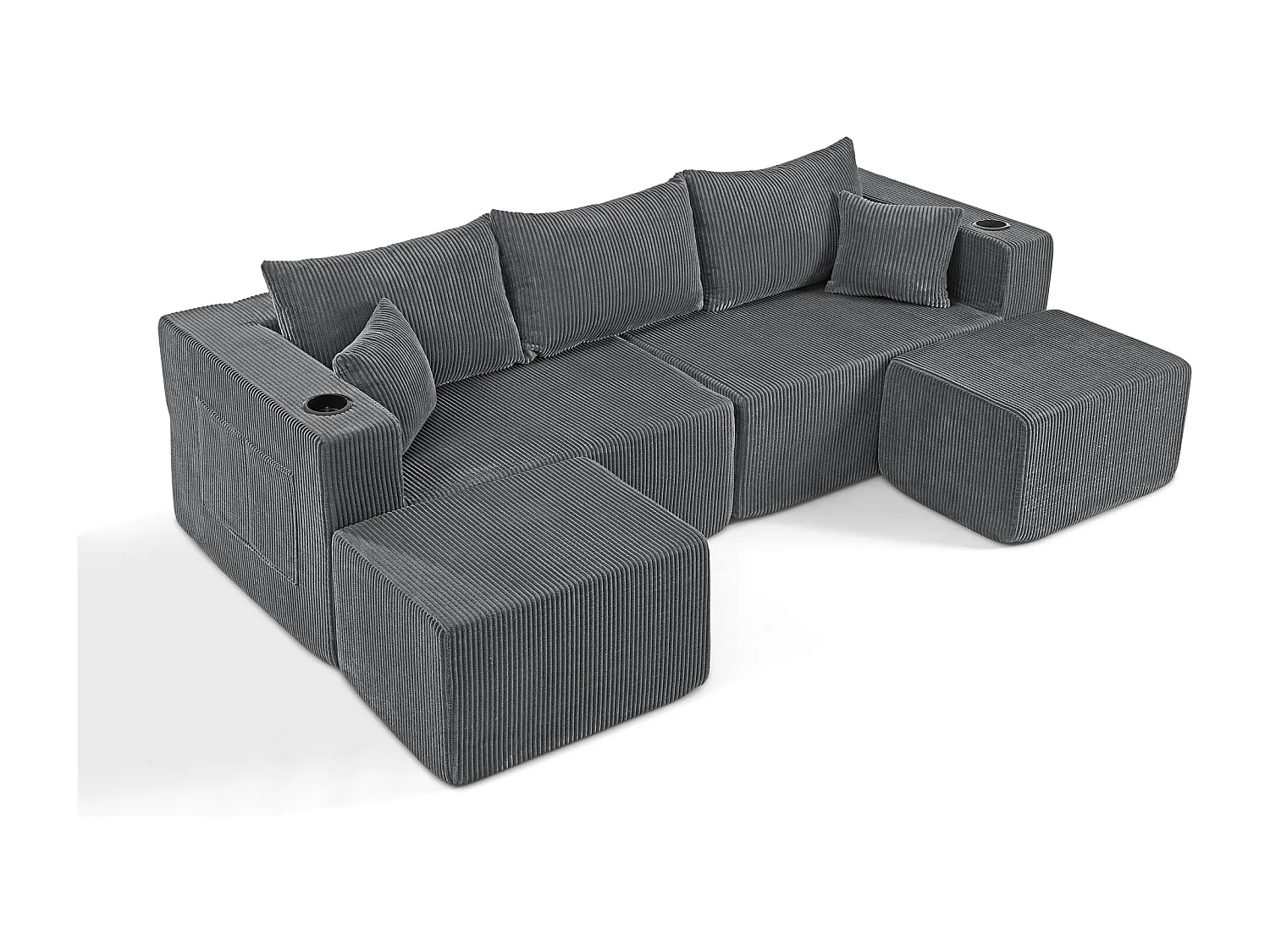 Sofá esquinero modular de 3 plazas con 2 otomanas y portavasos - Pana gris