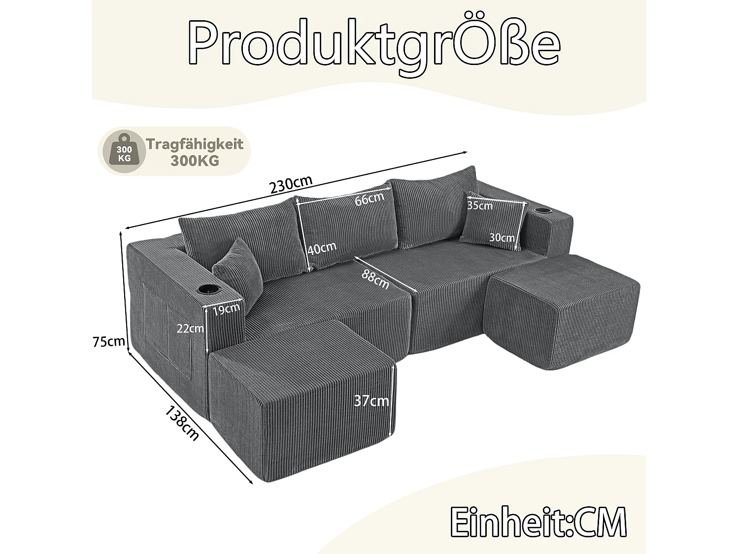 Sofá esquinero modular de 3 plazas con 2 otomanas y portavasos - Pana gris