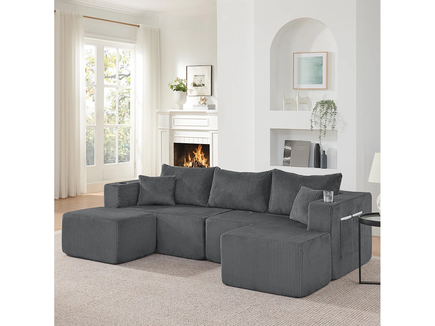 Sofá esquinero modular de 3 plazas con 2 otomanas y portavasos - Pana gris