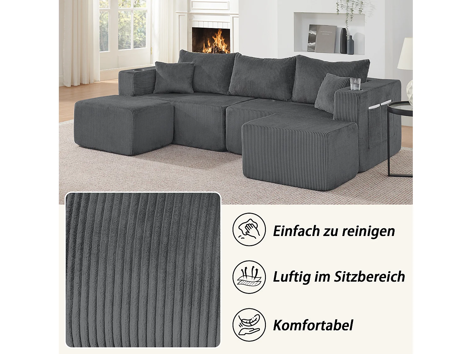 Sofá esquinero modular de 3 plazas con 2 otomanas y portavasos - Pana gris