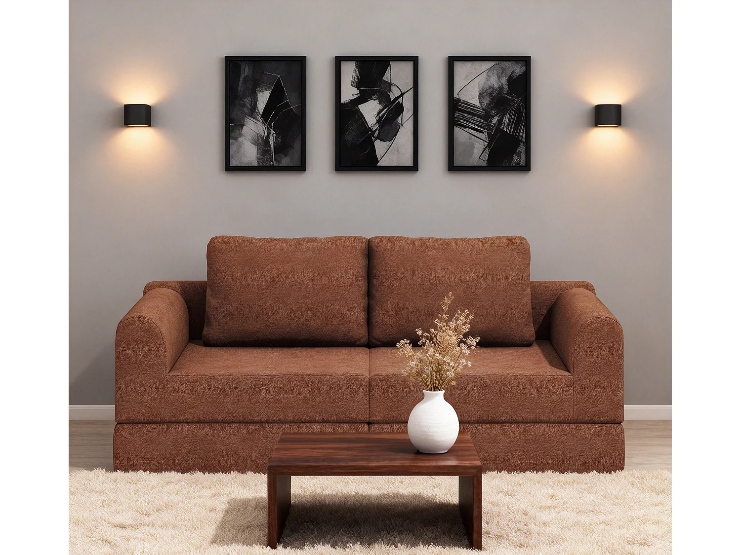 Canapé convertible 2 places 3-1 en flanelle marron - Pour salon et chambre