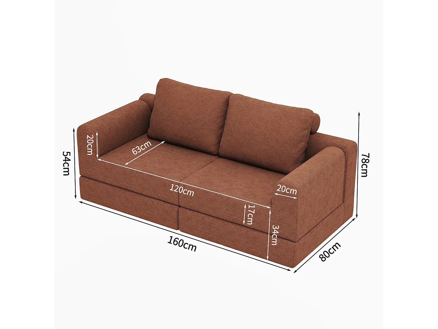 Canapé convertible 2 places 3-1 en flanelle marron - Pour salon et chambre