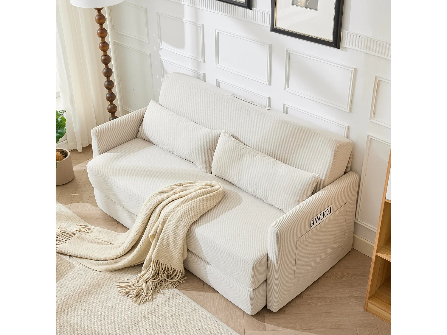 Canapé convertible 2 places en tissu velours côtelé avec 2 poches et 2 coussins - Beige