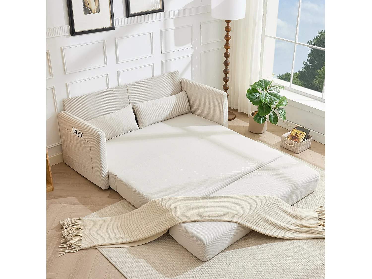 Canapé convertible 2 places en tissu velours côtelé avec 2 poches et 2 coussins - Beige