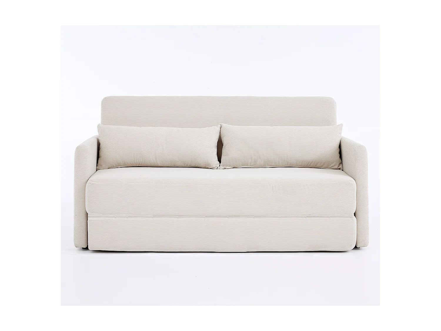 Canapé convertible 2 places en tissu velours côtelé avec 2 poches et 2 coussins - Beige