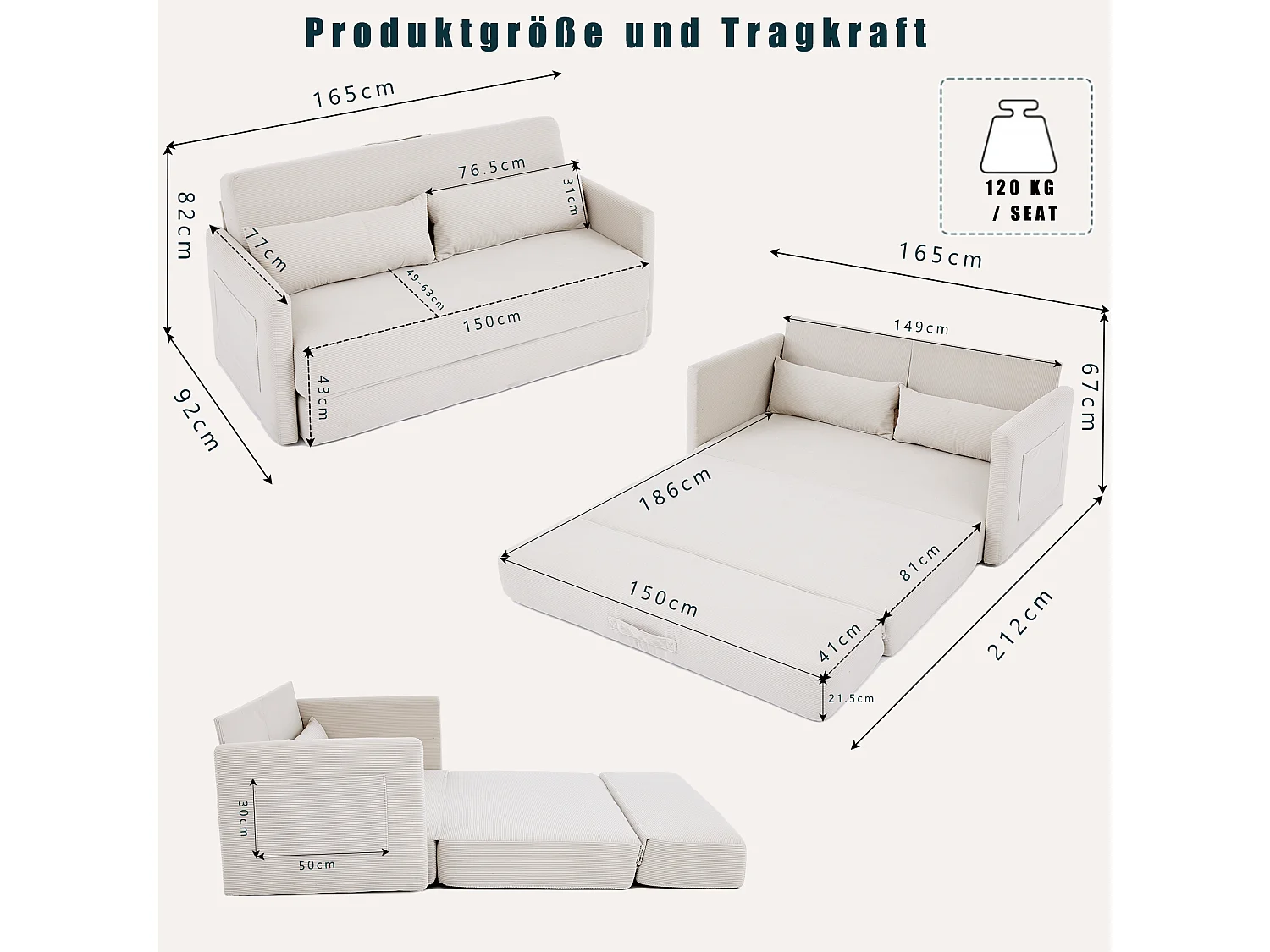 Canapé convertible 2 places en tissu velours côtelé avec 2 poches et 2 coussins - Beige