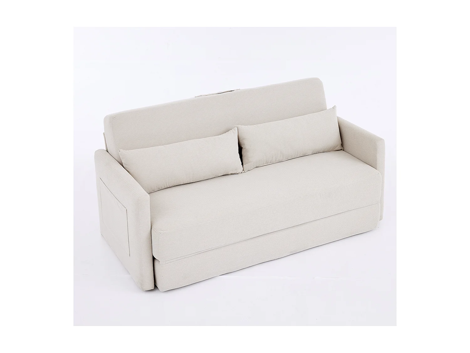 Canapé convertible 2 places en tissu velours côtelé avec 2 poches et 2 coussins - Beige