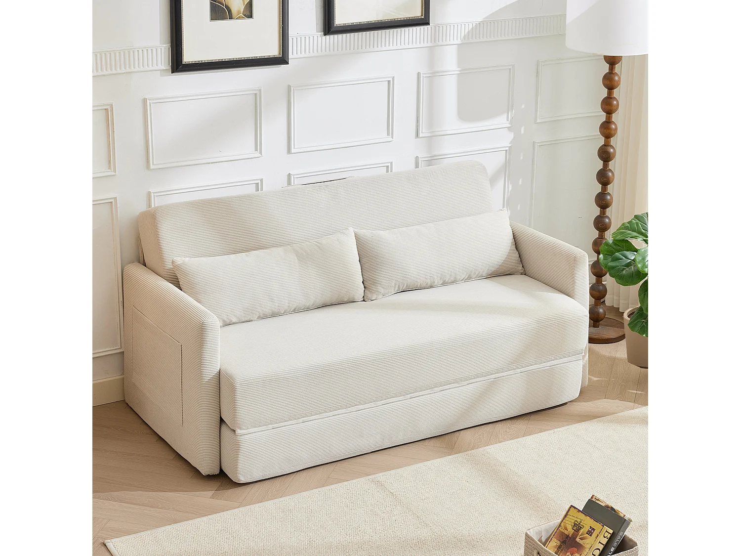 Canapé convertible 2 places en tissu velours côtelé avec 2 poches et 2 coussins - Beige