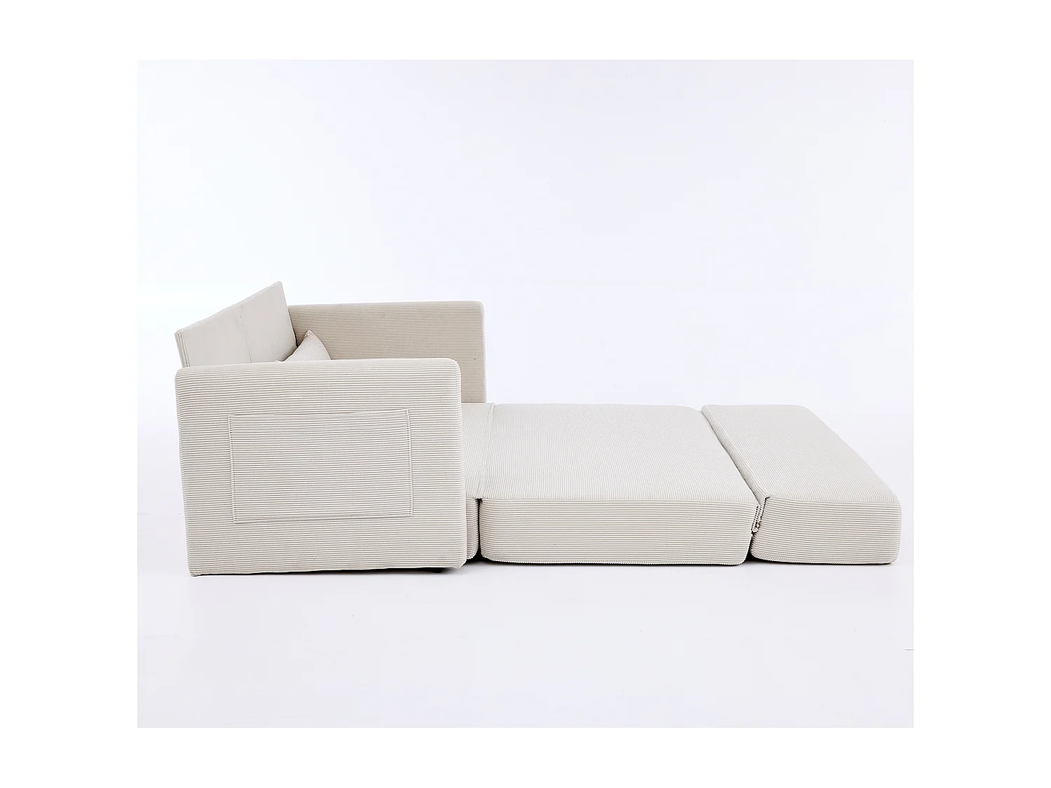Canapé convertible 2 places en tissu velours côtelé avec 2 poches et 2 coussins - Beige