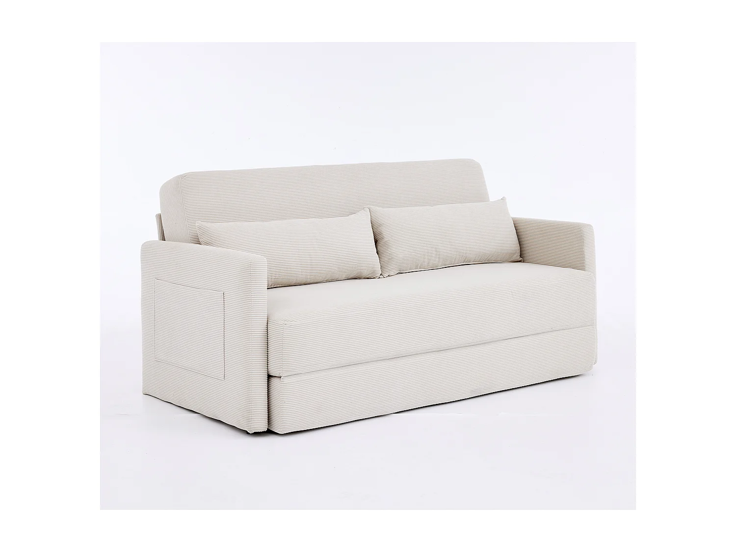 Canapé convertible 2 places en tissu velours côtelé avec 2 poches et 2 coussins - Beige