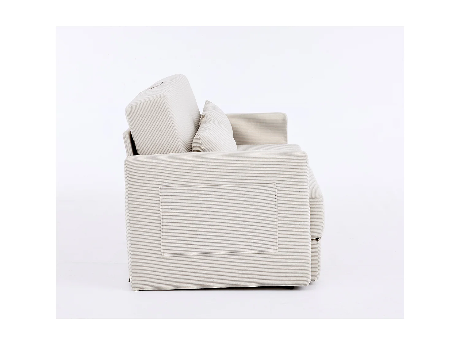 Canapé convertible 2 places en tissu velours côtelé avec 2 poches et 2 coussins - Beige