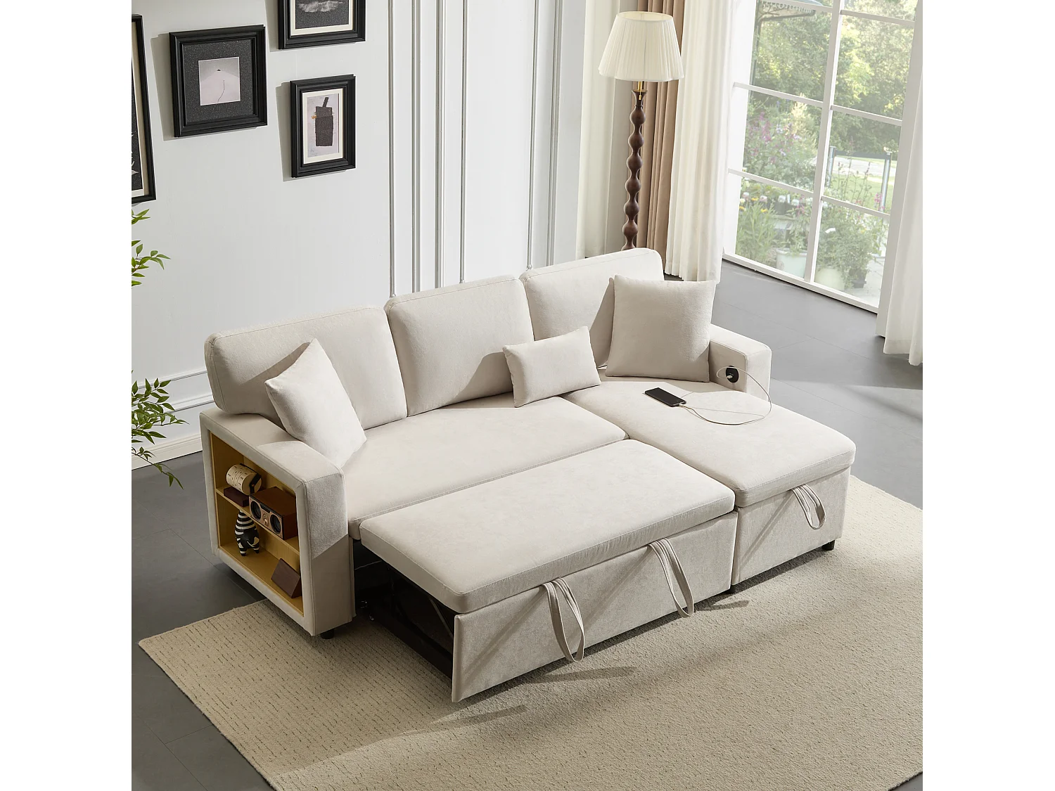 Canapé convertible 3 places avec rangement et port USB - Tissu flanelle beige